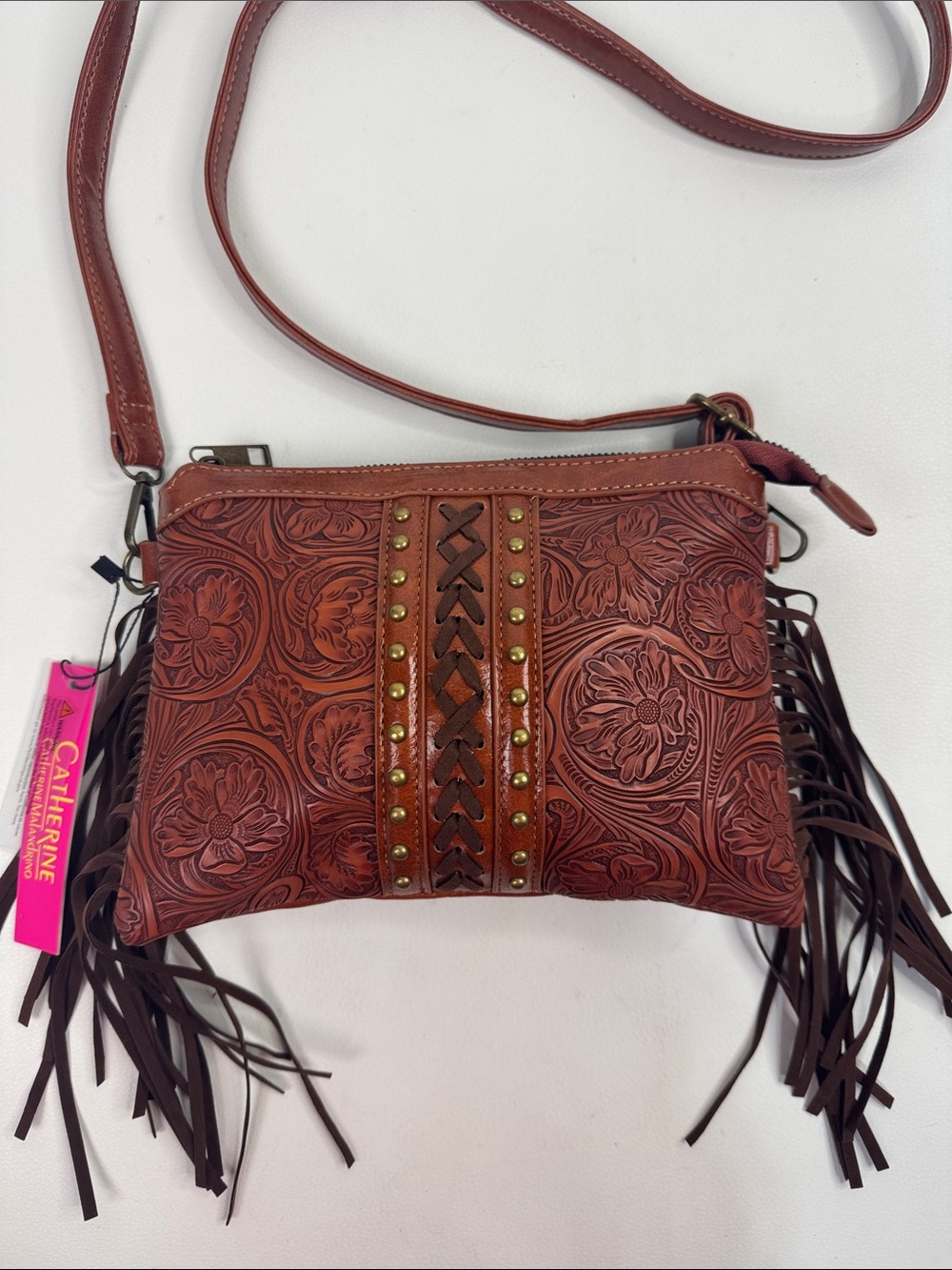 Catherine Malandrino Embossed Floral Fringe Crossbody boho Bag Brown western NEW